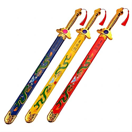 3 Chinese Plastic Swords with Green Dragon Pattern in Scabbard, Simulation Swords in Classic Martial Arts Style, Novelty Props for Participating in Various Parties