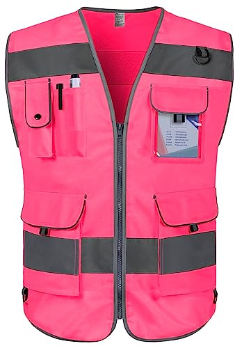 Graunton Sicherheitsweste für Männer Frauen 9 Taschen Warnweste, Warnwesten für mit reflektierenden Streifen, Reflektorweste für Gebäude,Gartenarbeit, Laufend,(DE-Rosa, Large)