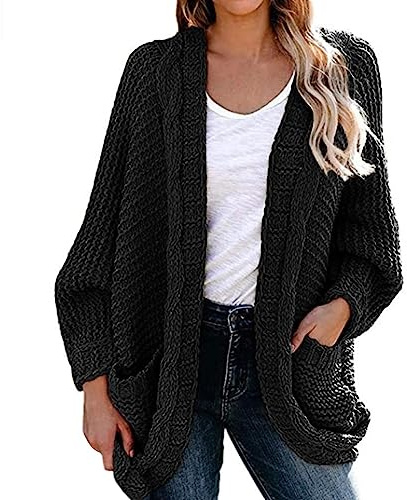Mujer Elegante Chaqueta de Punto con Bolsillos Mujeres Otoño Invierno Manga Larga Ligero Cárdigan Color Sólido Cálido Abrigo de Punto Grueso