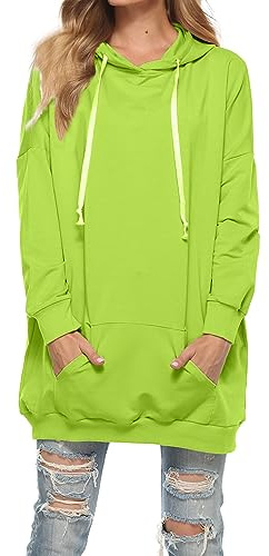 Famulily Robe sweat à capuche surdimensionnée pour femme - En coton - Longue - Avec capuche - Couleur unie - Avec poches et cordon de serrage, Vert fluo, L