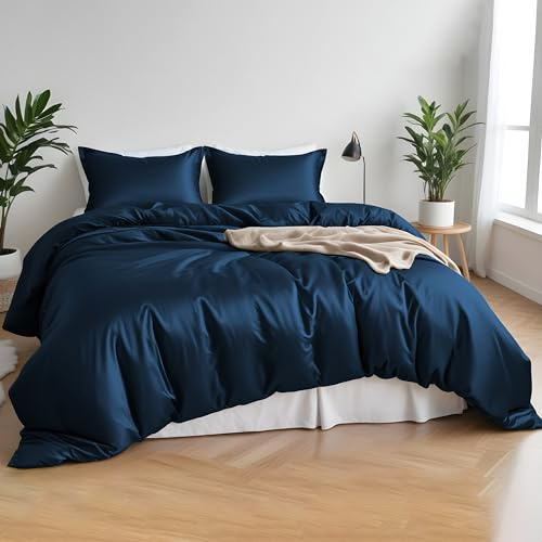 Linenwalas bäddset för King size-säng i 100 % ekologisk bambu, set med 4 delar, mjukt och svalkande bäddset i bambusilke, perfekt för hud, 1 påslakan, 1 dra-på-lakan, 2 örngott (King, marinblå)