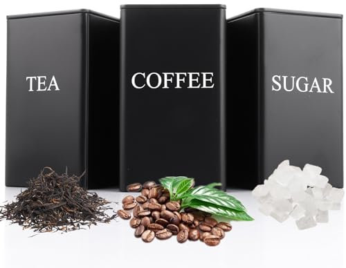 ASelected Tea Coffee Sugar Canisters 3 Piece Metal Food Storage Jars Decorative Tin Easy to Open Airtight Lids for Kitchen Accessories & Essentials (Black)