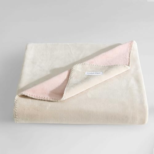 Calvin Klein - Throw Blanket, Reversible Premium Plush Bedding with Whipstitch Detailing, Practical Luxury Bedding Essentials (Modern Reversible Solid Beige/Pink, 50 x 70)