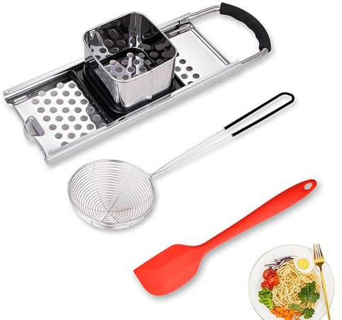 Mlesi Spätzle Maker in acciaio inox di alta qualità, con manico in plastica con schiumarola, colino e spatola, perfetto per preparare spätzle, colino e spatola