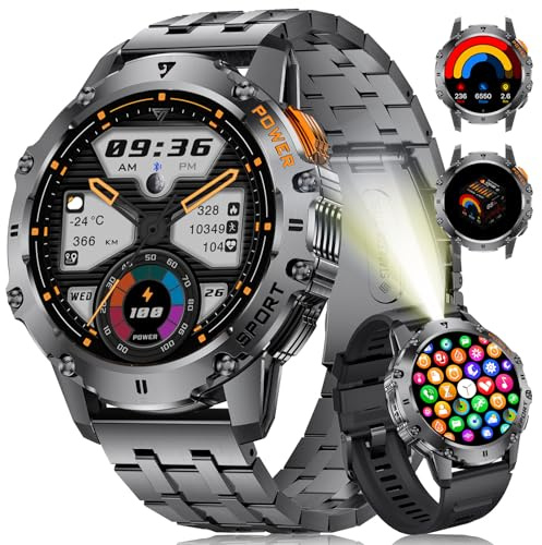 ESFOE Smart klocka för militär man, 1,43 tum AMOLED Smartwatch för män, med Bluetooth-samtal, 500 mAh, 5 ATM, vattentät, Smartwatch med 110+ sportpuls/SpO2/sömnmonitor för Android iOS