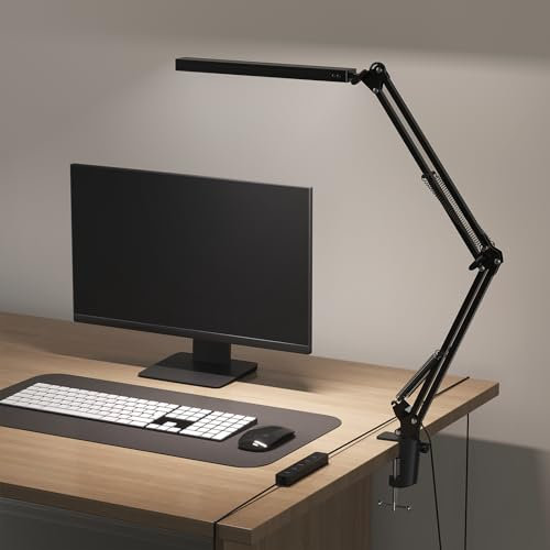 Meltrck Lampada da Scrivania LED con Morsetto, Lampada Architetto Dimmerabile con Braccio Girevole Lungo,1200LM Protezione Occhi, 5 Colori e 11 Luminosità, Lampada da Lavoro per Ufficio (Nero)
