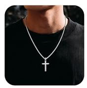 ESHIONER Kreuz Kette für Herren Silber Schwarz Titan Edelstahl Kruzifix Kreuz Anhänger silberkette Christentum Schmuck 20 Kette Cross Halskette KreuzKette für Herren