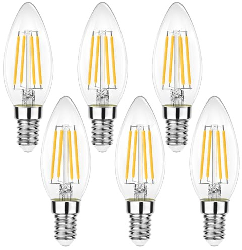 FEILEMAN E14 LED Warmweiß 2700K Glühbirne, 4W 806lm E14 LED Kerze C35 aus Glas, ersetzt 60W Glühlampe, Energieklasse B, Filament Leuchtmittel für Kronleuchter, Nicht Dimmbar, 6er Pack