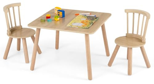 HONEY JOY Kids Table and Chairs, Children Sturdy Wooden Activity Set for Art, Drawing, Reading, Windsor Dining Chairs w/Spindle Back, Toddler Table and Chair Set for Playroom, Daycare (Natural)