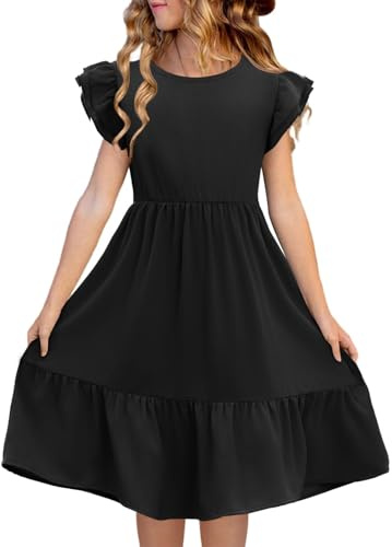 Haloumoning Girls' Dresses Round Neck Plain Summer Dress Ruffle Sleeves A-line Princess Dress Casual Elegant Wedding Birthday Casual Dress Black 11-12 yesrs