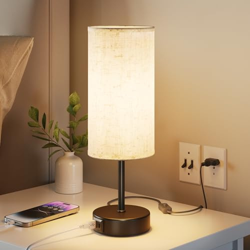 UPXNBOR Touch nattdukslampa med USB-A- och USB-C-laddningsportar, liten skrivbordslampa och läslampa, touchdimbar, 3 nivåer varmt ljus, lampskärm i linne, 1,5 m kabel, Svart, E27-lampa ingår