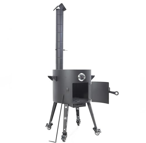 Horno de fuego Utschak Ø 40 cm para wok Kazan 12 L con tubo de extracción, termómetro, para cocina al aire libre, brasero y cañón de goulash, cocina uzbeka Plov Grill (horno con ruedas)