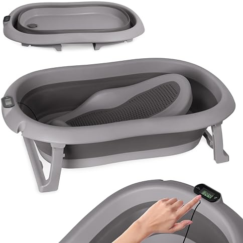 Baignoire pour bébé, pliable, gris foncé, avec thermomètre et siège de bain, 80 cm, pour enfants de 0 à 36 mois, antidérapante, portable