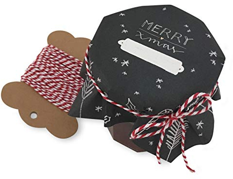 25 Marmeladendeckchen - merry x-mas - Gläserdeckchen schwarz weiß für Marmelade, Marmeladengläser & Einmachgläser, Recyclingpapier Abreißblock + 10 m Garn + Justiergummi