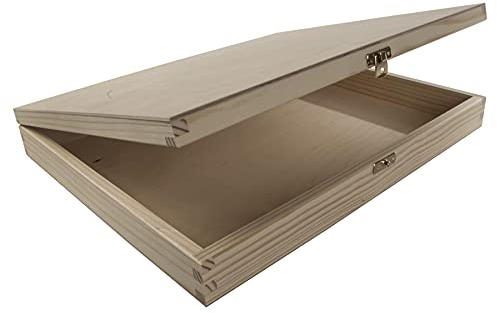 Grande scatola di legno poco profonda con coperchio e serratura | 36 x 30 x 5 cm | Documenti preziosi A4 Conservazione dei ricordi | Legno di pino decorativo non verniciato e non trattato