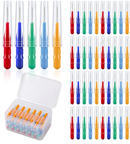 50 Stück Interdentalbürsten, Annhua Zwischenraumbürsten, Zwischenraum Zahnbürste mit Aufbewahrungsbox, Dauerhaft Zahnseide (Orange, Dunkelblau, Rot, Grün, Hellblau)