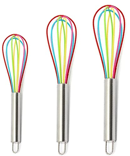 Cheeroyal Set di 3 fruste in silicone, agitatore per uova colorato in silicone da cucina con impugnatura in acciaio inossidabile per la cottura al forno, miscelazione (8/10/12 pollici) (arcobaleno)