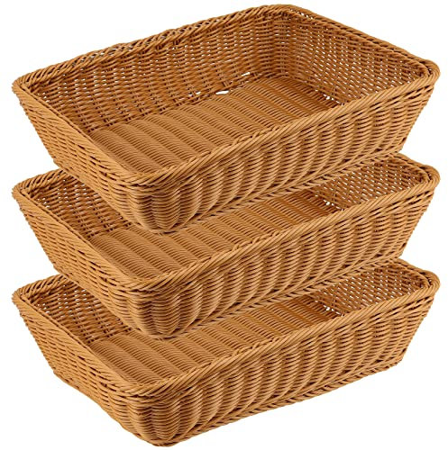 SHEUTSAN 3-pack 40 cm polykorgar, vävda brödkorgar, rektangel handgjord rottingvävd skafferi organisering förvaringskorg, bordsskiva mat serveringskorgar för bröd grönsak fruktmat, brun