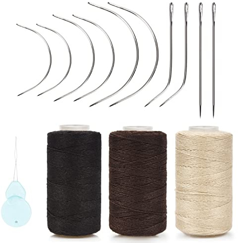 Beayuer Juego profesional de agujas e hilos para extensiones de cabello, 10 unidades, 3 hebras, color negro, marrón, beige, pelucas de costura, color mezclado