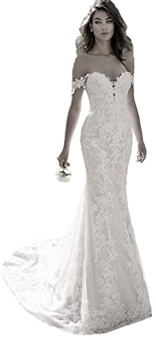 TSxuelian, Abito da donna con spalline scoperte, in pizzo, effetto sirena, da sposa, con gonna a spazzola, in tulle, stile Boho, A-Bianco, 40