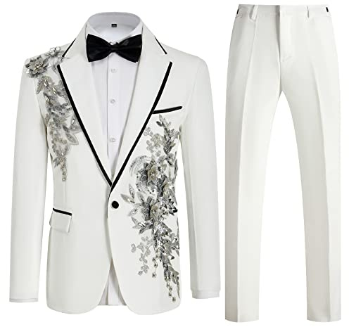 Mens Suits Slim Fit 2 Piece Floral Tuxedo Suits Blazer Pants with Bow Tie for Wedding Prom