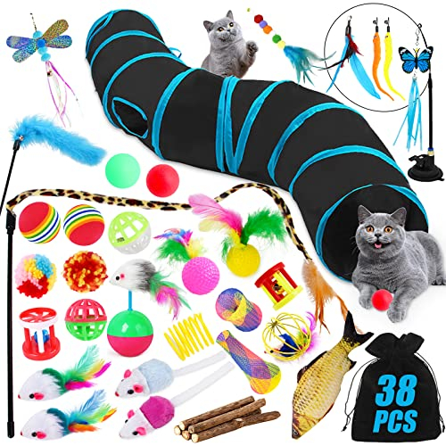 TAVADA Katzenspielzeug Set Mit Katzentunnel, 38 Stück Zubehör, Federspielzeug, Plüschspielzeug, Spielzeugmäuse Variety Pack für Kitty