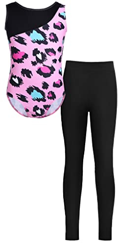 Mufeng Kinder Mädchen Turnanzug Ärmellos Turnbody mit Sportleggings Gymnatikanzug Wettkampf Training Ballettkleidung Rosa 110-116