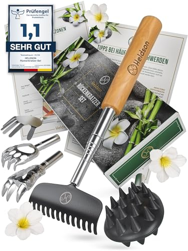 HELDSON® Rückenkratzer Holz EXTRA STABIL [6 Kratzvarianten] - Kratzhand Rückenkratzer Teleskop ausziehbar - Back Scratcher - Rücken Massage Kratzer - Geschenk für Senioren, Frauen & Männer