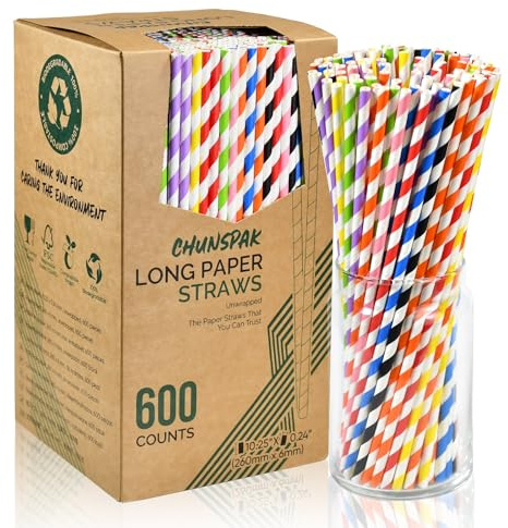 Färgglada långa engångssugrör av papper 26 x 0,6 cm, 600 stycken - för fester, bröllop, drycker, barer, restauranger
