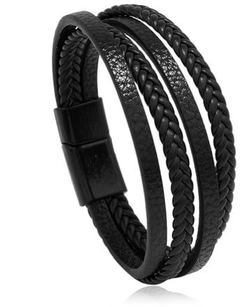 ZCSOWE 1 Stück Lederarmband Herren Armband Herren Männer Leder Edelstahl Gravur Schwarz Geflochten mit Magnet Verschluss-Perfektes Vatertagsgeschenk