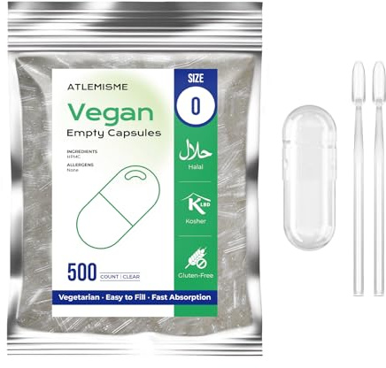 ATLEMISME Cápsulas Vacías Vegetales de HPMC - Tamaño 0, 500 Unidades, Sin Gluten, Sin OGM, Veganas, Ideales para Suplementos de Vitaminas y Minerales