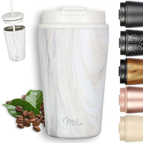 Milu Thermobecher 400ml - 100% Auslaufsicher - Edelstahl Kaffeebecher to go isoliert mit Strohhalm hält 10h heiß / 20h kalt, BPA-frei (Pink-Marble, 400ml)