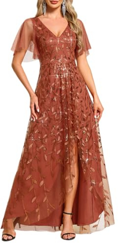 Ever-Pretty Abito da Ospite di Nozze Asimmetrico Scollo a V Linea A Paillettes Foglia Stile Impero Abito Elegante Donna Cerimonia Arancione 42