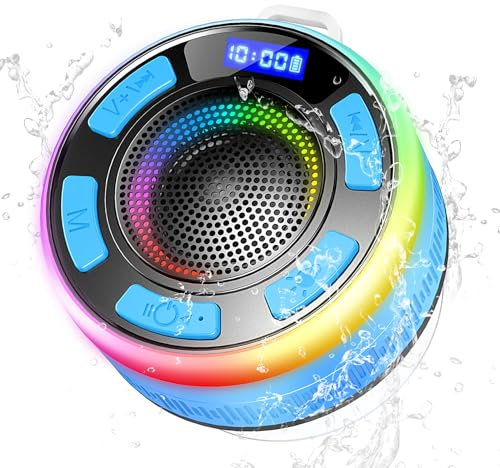 PRSCFUM Bluetooth Lautsprecher, Bluetooth Duschlautsprecher mit Saugnapf, Upgraded LED Tragbarer Musikbox Shower IP7 Wasserdichter, Type-C, Mikrofon, Freisprechfunktion, für Badezimmer, Outdoor