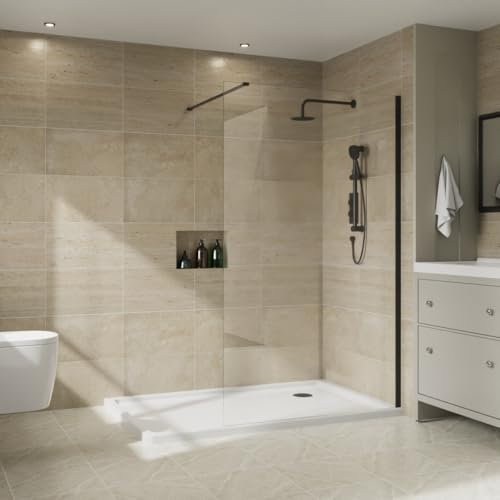 NRG 1200 x 1950mm Bathroom Wet Room Screen Panel 8mm Easy Clean Glass Black Framed Walk in Shower Enclosure