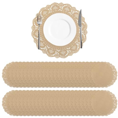 URROMA Tovagliette di carta, 100 pezzi, centrini rotondi in carta kraft marrone, usa e getta, in pizzo, per cibo, feste, matrimoni, decorazioni da tavola, 29 cm