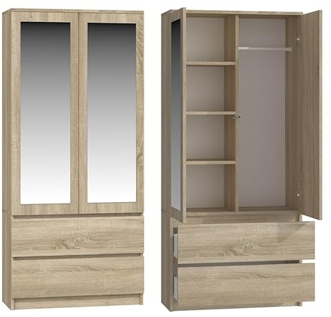 BDW Armadio con specchio, 90 x 180 x 50 cm, 2 cassetti, 4 ripiani, ideale per una camera da letto, corridoio, cameretta dei bambini o ufficio, appendiabiti (rovere Sonoma)