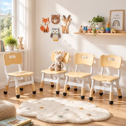 MAMIZO 4 PCS Height Adjustable Kids Desk Chairs with Backrest, Yellow | Children's Chairs, Ergonomic Design, Ideal for Home, Nursery, Playroom or School, Max Load 100KG, Ages 2+
