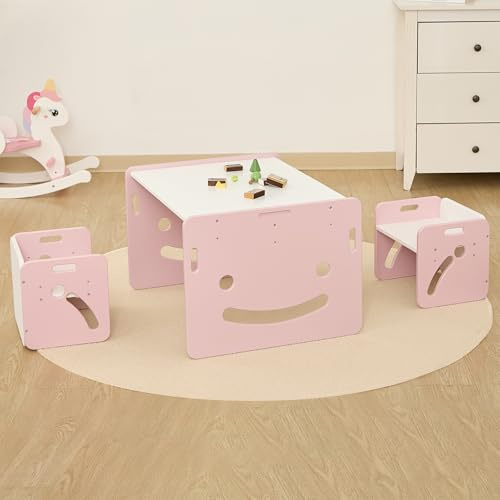 FUNLIO Set de Mesa y Dos Silla Montessori para Bebés de 1-3 años, Ajustable en Altura, Ideal para Leer/Comer/Jugar, Fácil de Montar, Certificado CPC - Mesa Cuadrada - Rosa