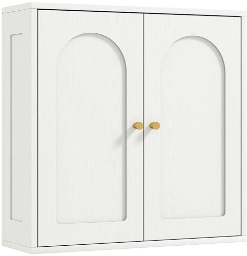 HOMCOM Armario de Baño de Pared Mueble de Baño Colgar con Estantes 2 Puertas con Diseño de Arco Tiradores Dorados 60x20x60 cm Blanco