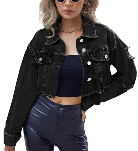 Tidecc Women's Cropped Denim Jacket Long Sleeve Button Down Fringe Raw Hem Ripped Jean Cardigan Outerwear
