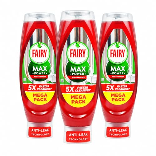 3 x 640ml Fairy Max Power Washing-Up Liquid POMEGRANATE | LiftAction Grease-Cutting Formula | Upside-Down No Flip Cap Bottle | Powerful Clean Every Wash
