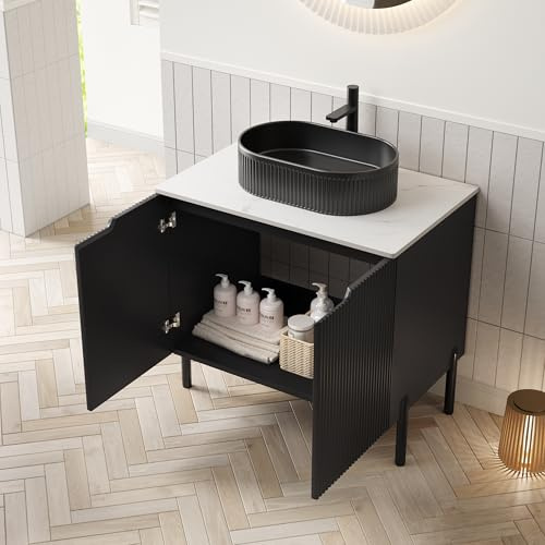 Tocador de baño independiente de 76 cm con lavabo de cerámica a rayas ovalado negro, encimera de piedra Carrara sinterizada blanca, armario a rayas con puertas dobles, negro (negro-4)
