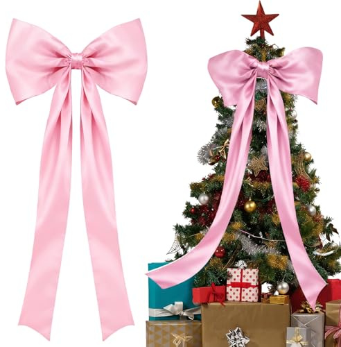 Extra Large Christmas Bow 48×145cm, Christmas Decorations, Giant Red Stain Bow for Large Tree Topper Ornament - Wreath for Indoor Outdoor Home Holiday (Pink)