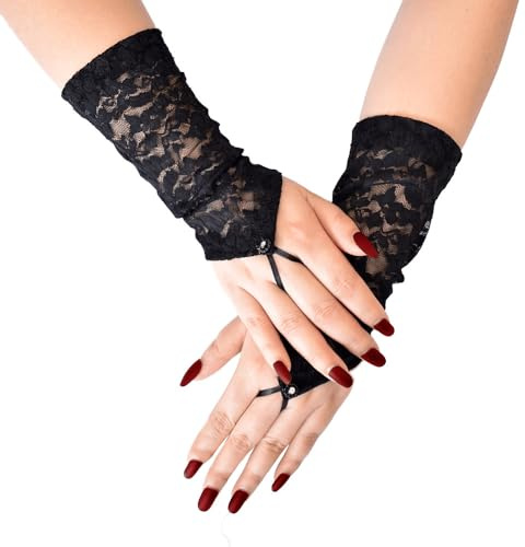 OuryTech Svarta spetshandskar, fingerlösa spetshandskar för kvinnor, handled långa handskar för karneval, evenemang och 20-tal kostymtillbehör