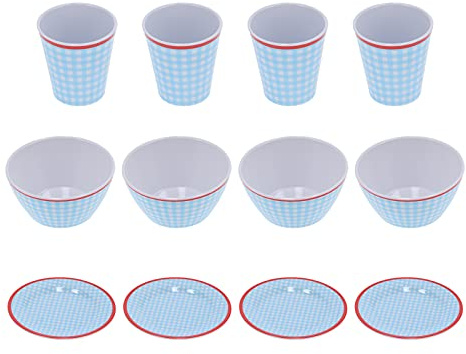 Set di 12 stoviglie per la casa, azzurro, con griglia, tazza, ciotola, piatto, durevole, in melamina, per la di casa, ristorante, stile elegante, stoviglie