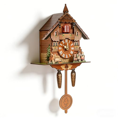 Charocean Modern Cuckoo Clock with Working Bird, Chime 7am-9pm, Wooden Cuckoo Clocks for Wall, Pendulum Bird Clock with Cuckoo Bird, Volume Knob, Battery Powered