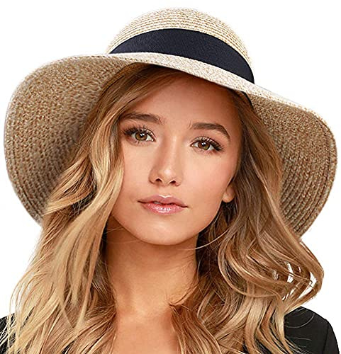 FURTALK Womens Beach Sun Straw Hat UV UPF 80+ Travel Foldable Brim Summer UV Hat Mixed Beige