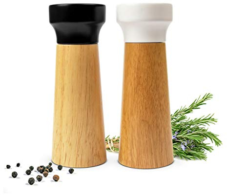 Sendez Lot de 2 moulins à poivre en bois d'acacia avec broyeur en céramique Blanc/noir