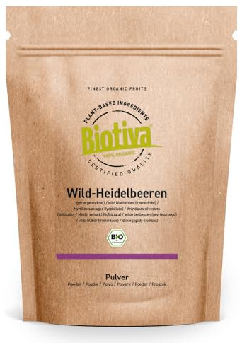 Mirtilli selvatici in polvere Bio 150g | Vaccinium myrtillus | polvere di mirtilli liofilizzata | senza distaccanti | senza riempitivi | macinato, confezionato e controllato in Germania | Biotiva